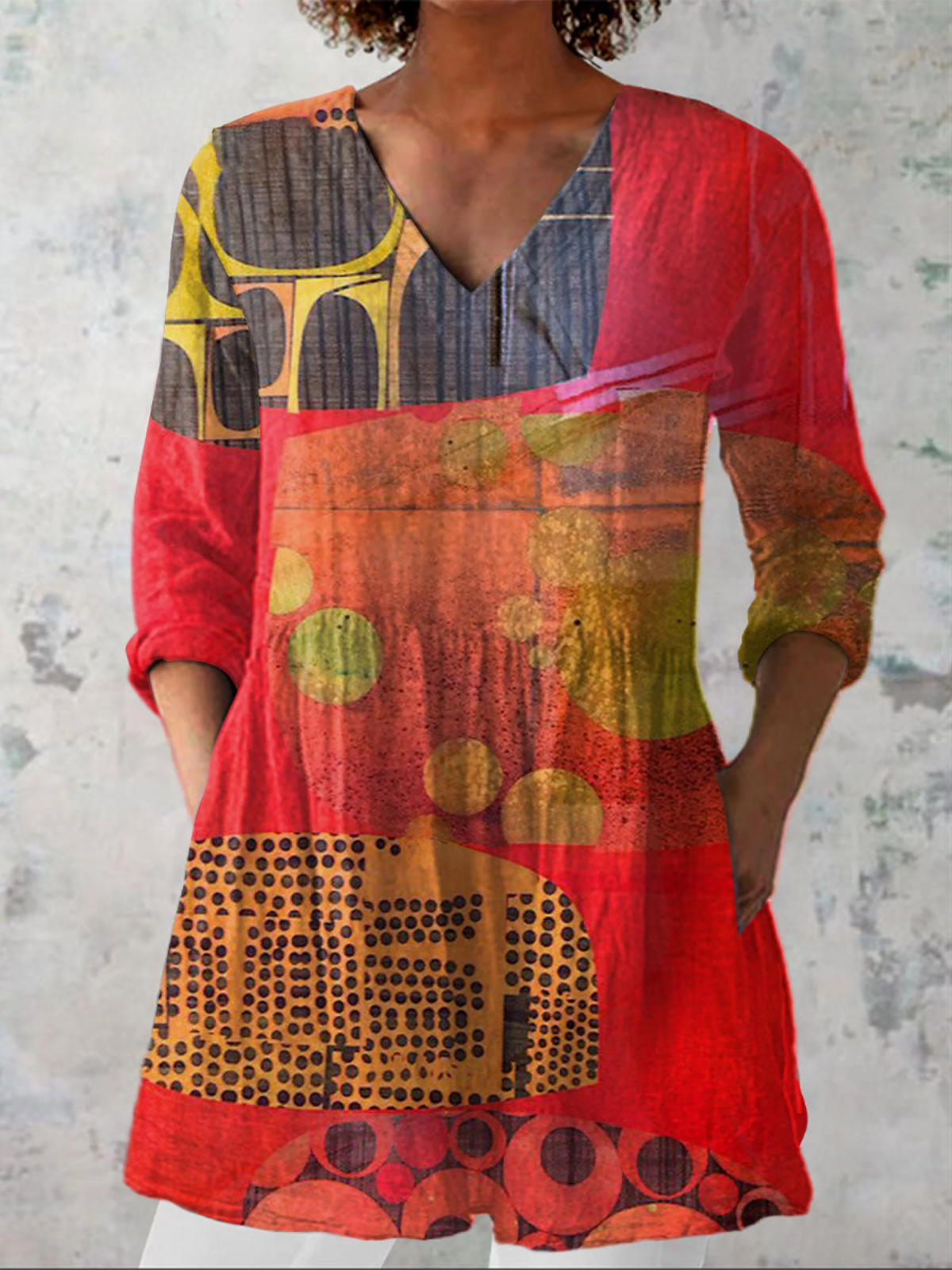 Ruby | Abstract Red Print V-Neck Tunic Top