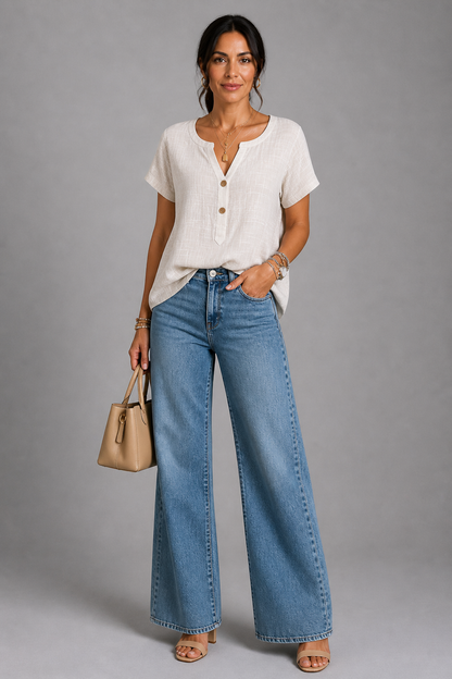 Mia | White Button Placket Top