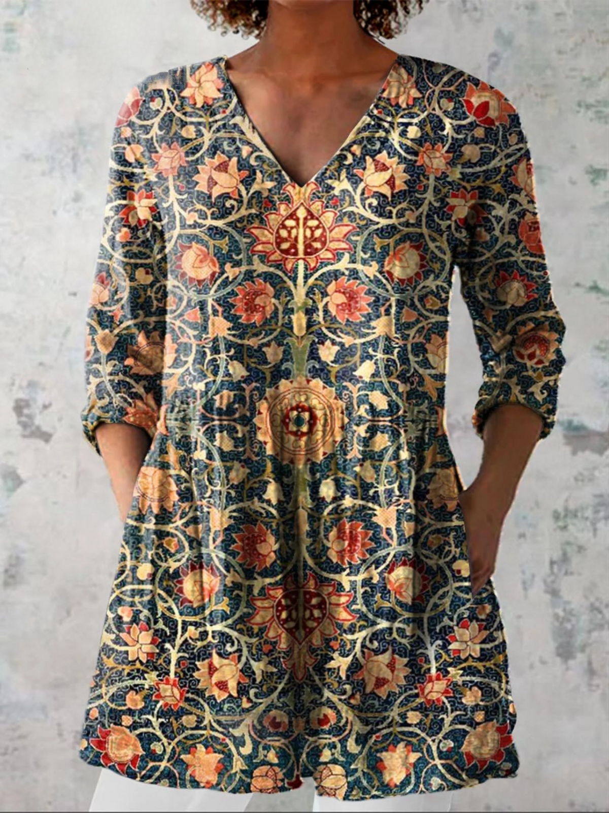 Carol | Navy Ornamental V-Neck Tunic Top