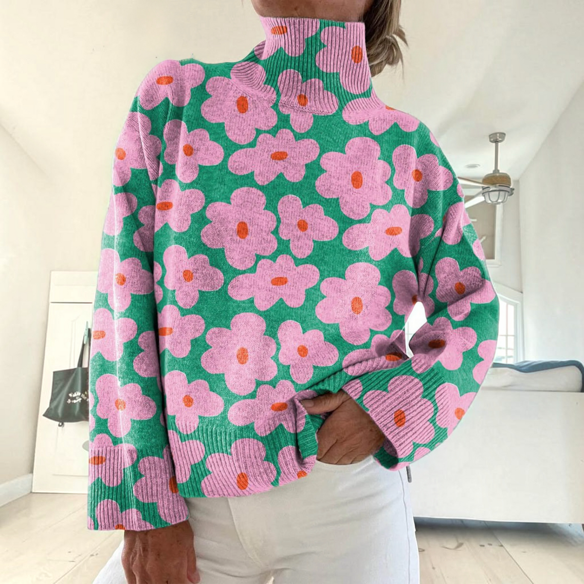 Linda | Pink Daisy Roll-Neck Jumper