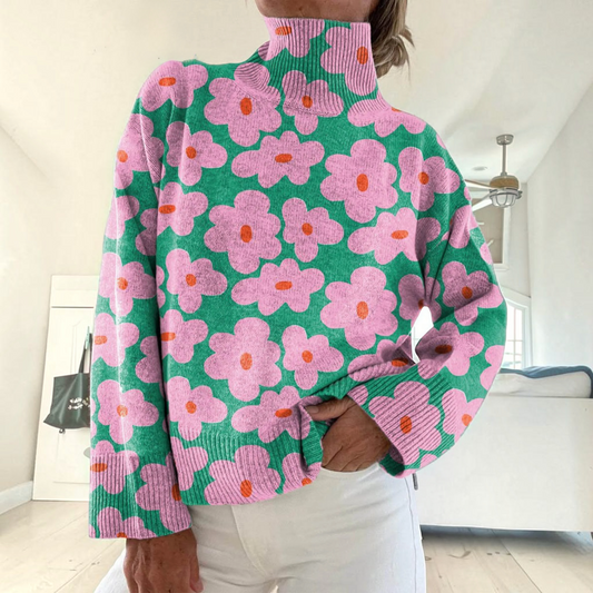 Linda | Pink Daisy Roll-Neck Jumper
