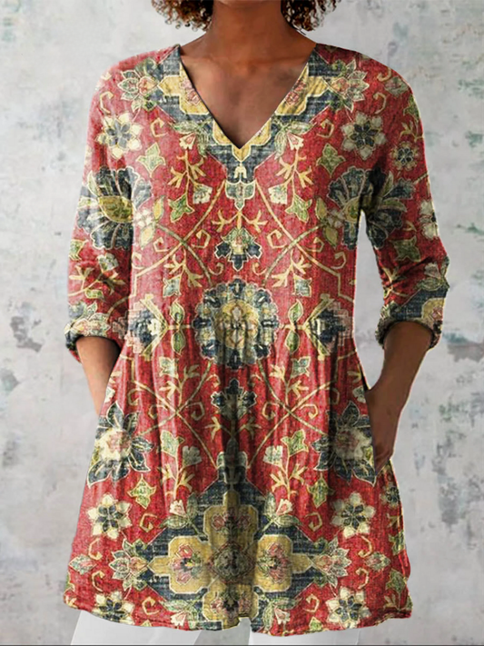 Leah | Red Vintage Ornament V-Neck Tunic Top