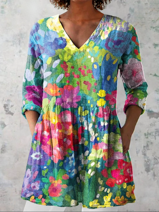 Maya | Watercolour Floral V-Neck Tunic Top
