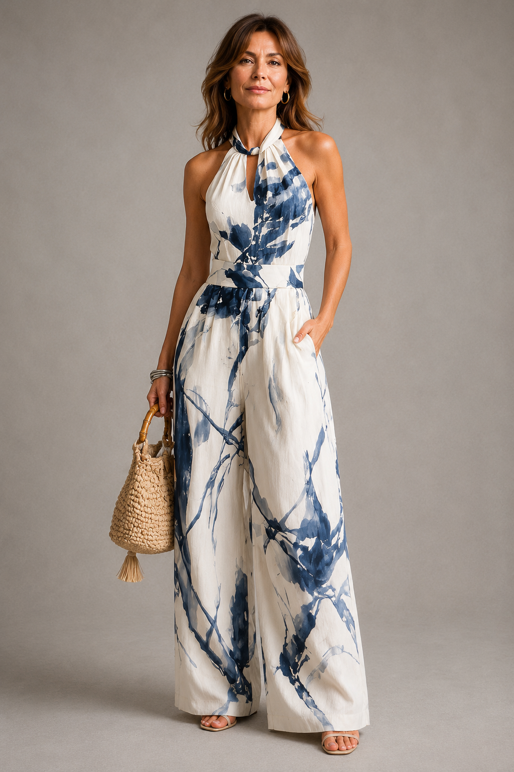 Bronwen | Blue Batik Print Halterneck Jumpsuit