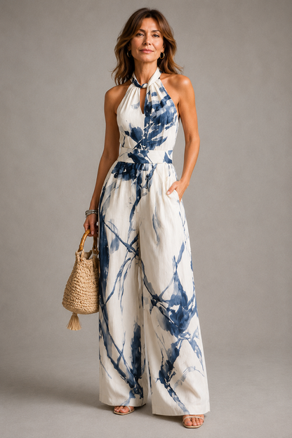 Bronwen | Blue Batik Print Halterneck Jumpsuit