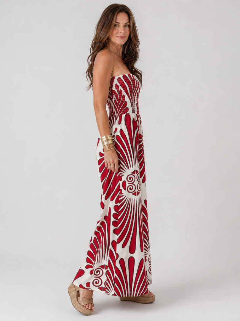 Doris | Red Fan Print Wide-Leg Jumpsuit