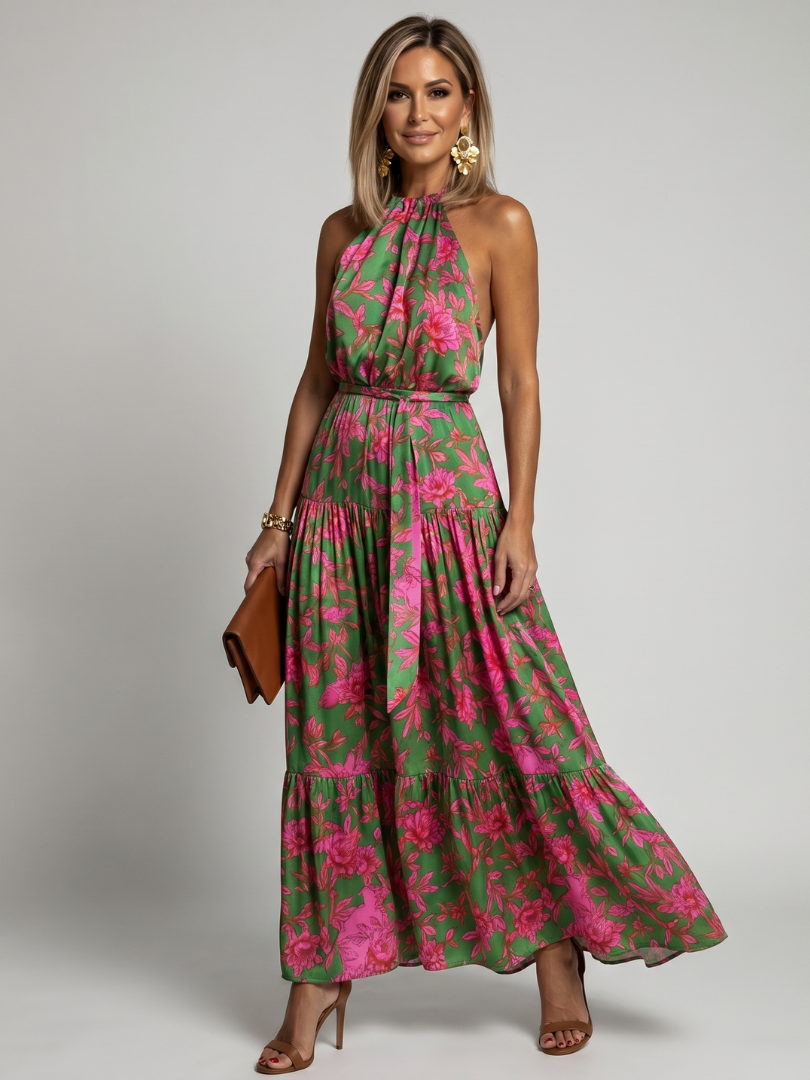 Sandra | Green & Pink Floral Print Midi Dress