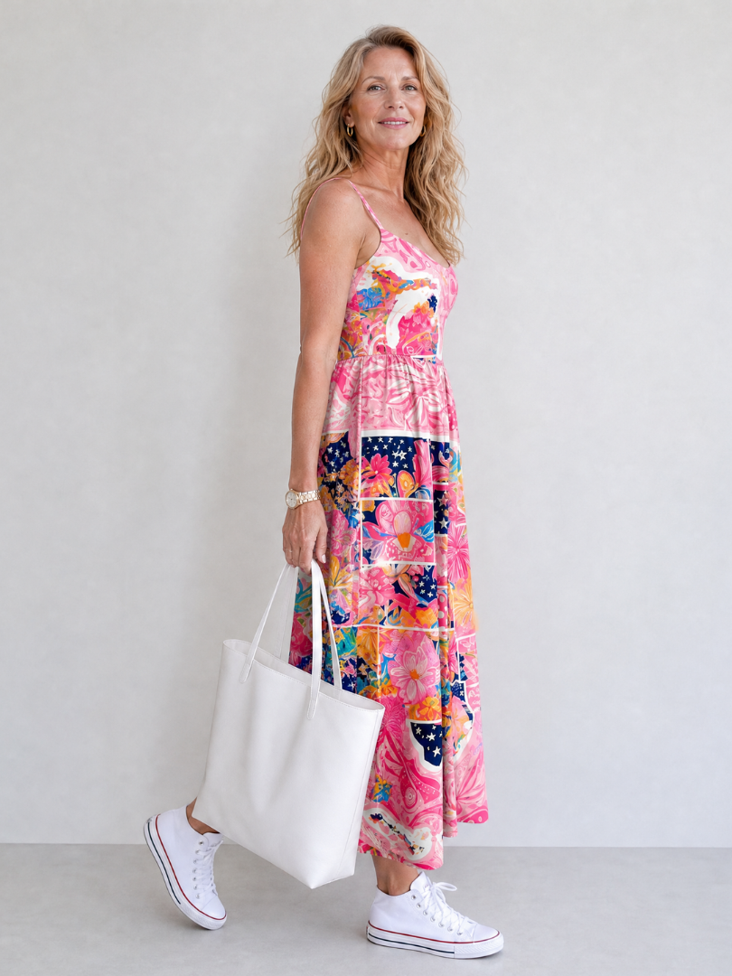 Renee | Pink Floral Patchwork Midi Dress