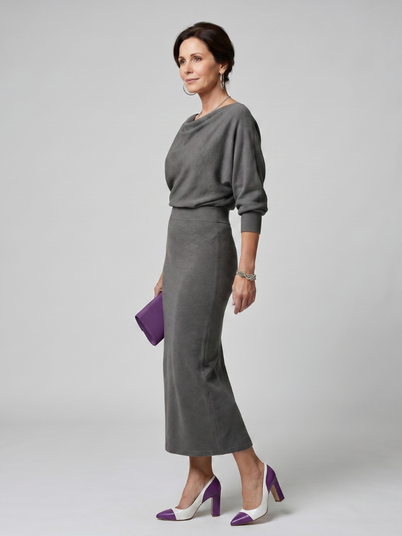 Clare | Grey Cowl-Neck Knitted Dress