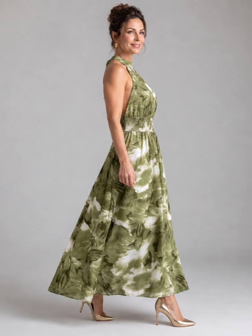 Carol | Olive Watercolour Print Midi Dress