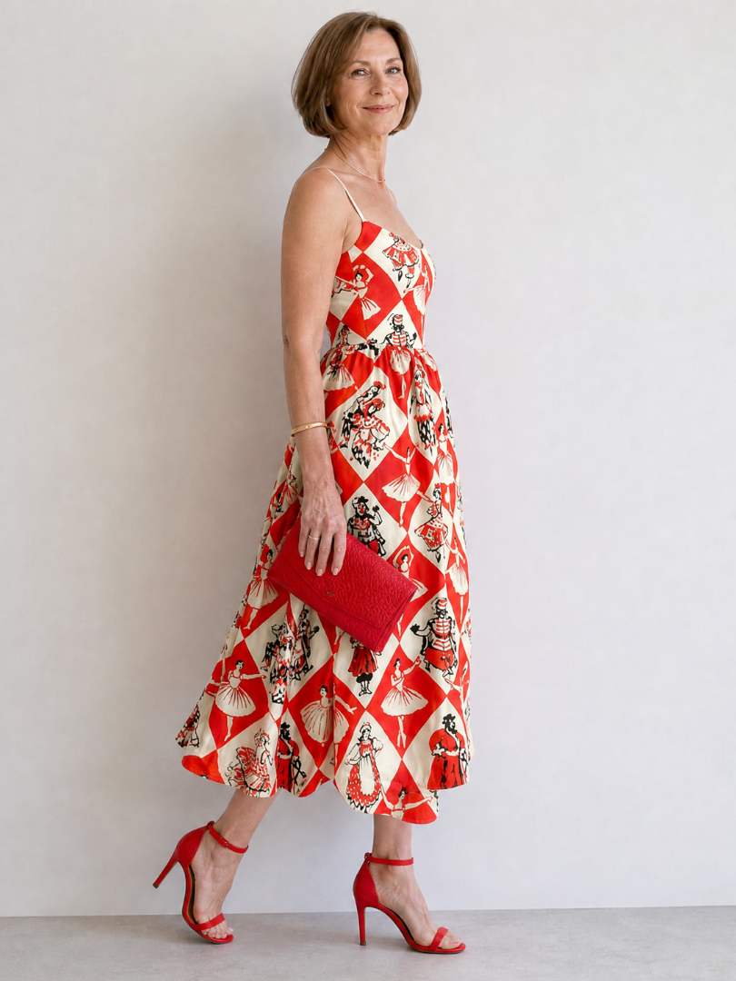 Adeline | Red Diamond Print Midi Dress