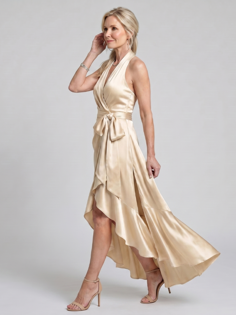Lynne | Champagne Satin-Sheen Wrap Dress