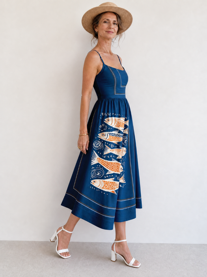 Doris | Navy Fish Print Midi Dress