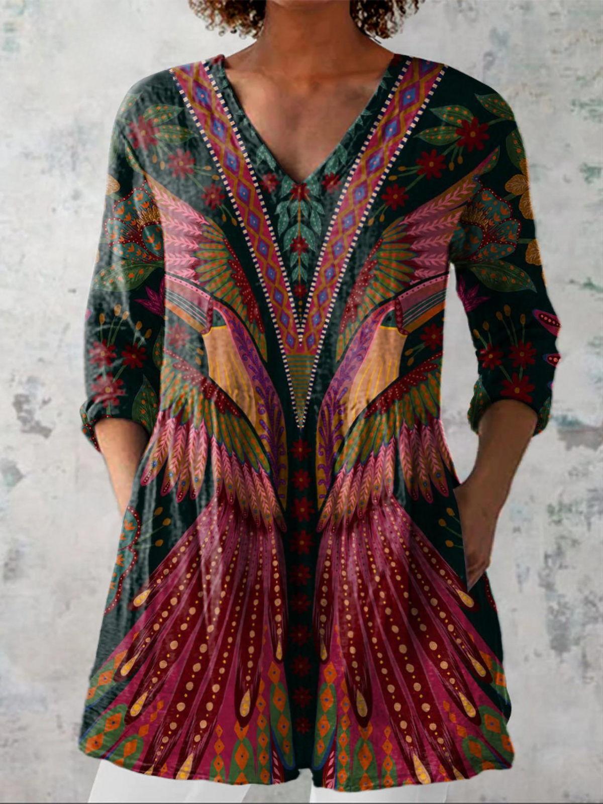 Martha | Dark Green Feather Print V-Neck Tunic Top
