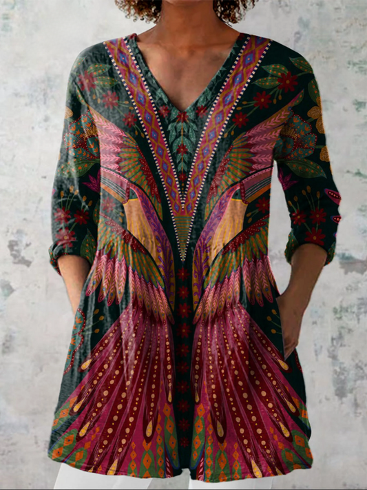 Martha | Dark Green Feather Print V-Neck Tunic Top