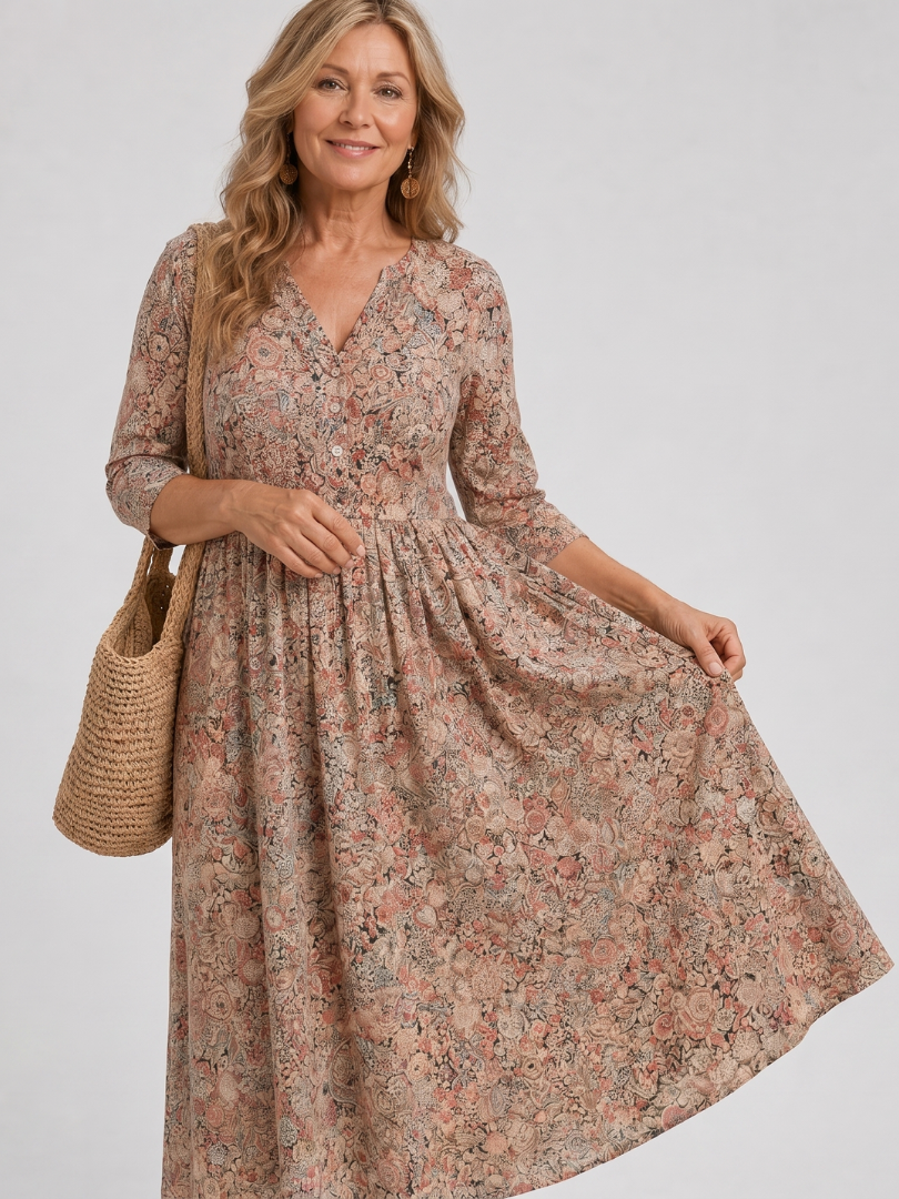 Janet | Beige Ditsy Floral Midi Dress