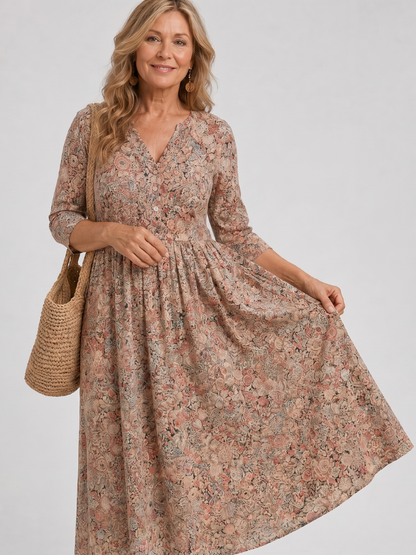 Janet | Beige Ditsy Floral Midi Dress