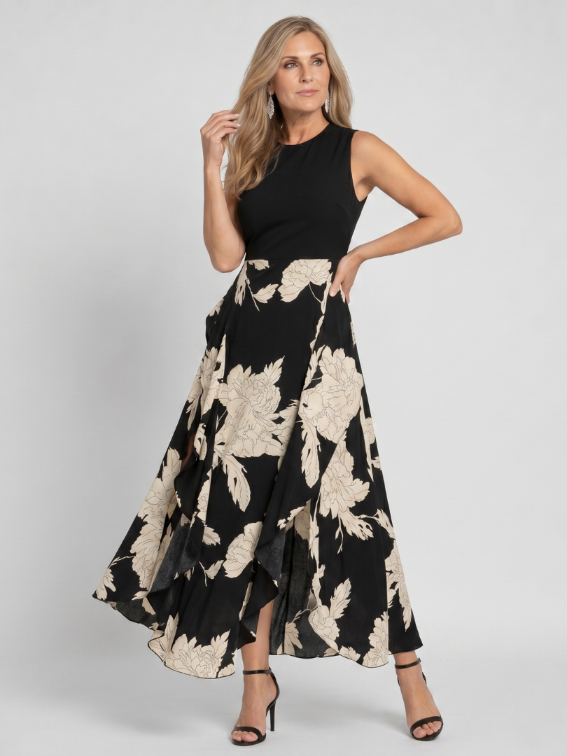 Joanna | Black Floral Print Midi Dress