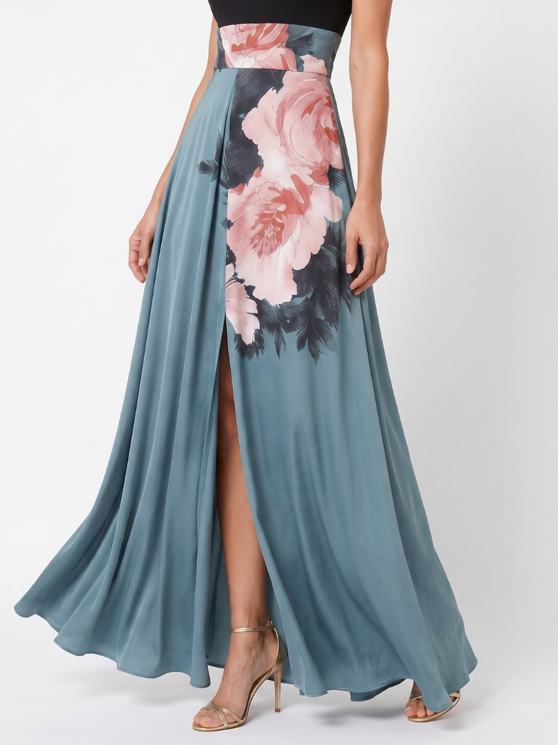 Virginia | Black Bodice Floral Skirt Maxi Dress