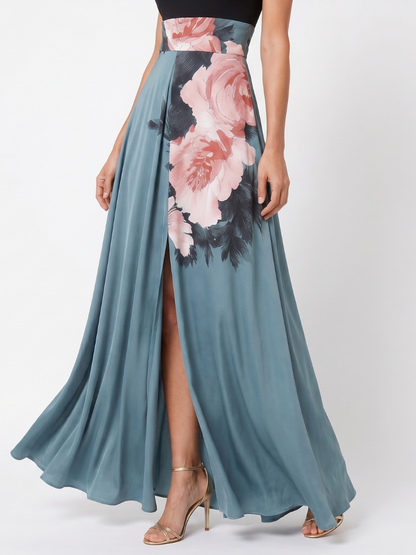 Virginia | Black Bodice Floral Skirt Maxi Dress