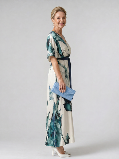 Gillian | Leaf Print Tie-Belt Maxi Dress