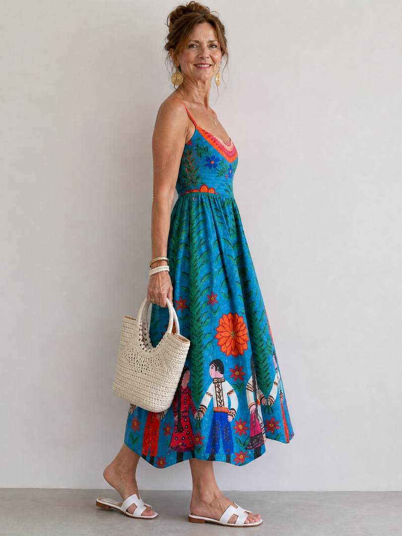 Bridget | Blue Folk Print Midi Dress