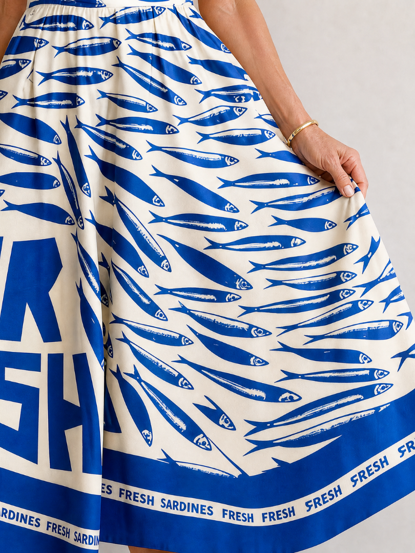 Anne | Blue Fish Print Midi Dress