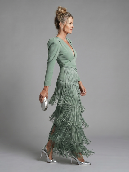 Georgina | Sage Green Fringe Detail Midi Dress