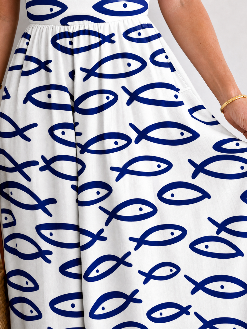 Frances | White Fish Print Midi Dress