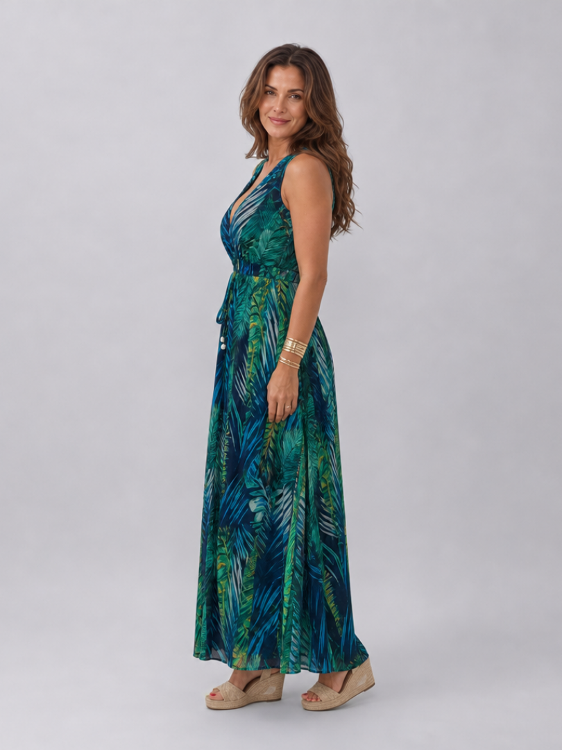 Eleanor | Green Leaf Print Maxi Dress