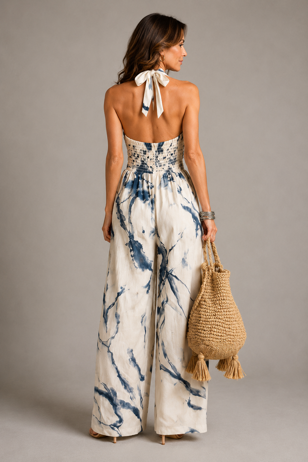 Bronwen | Blue Batik Print Halterneck Jumpsuit