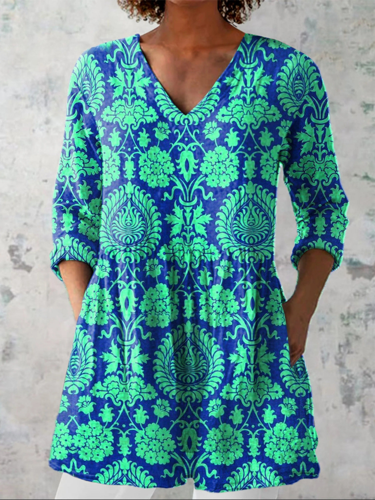 Ivy | Blue & Green Damask V-Neck Tunic Top
