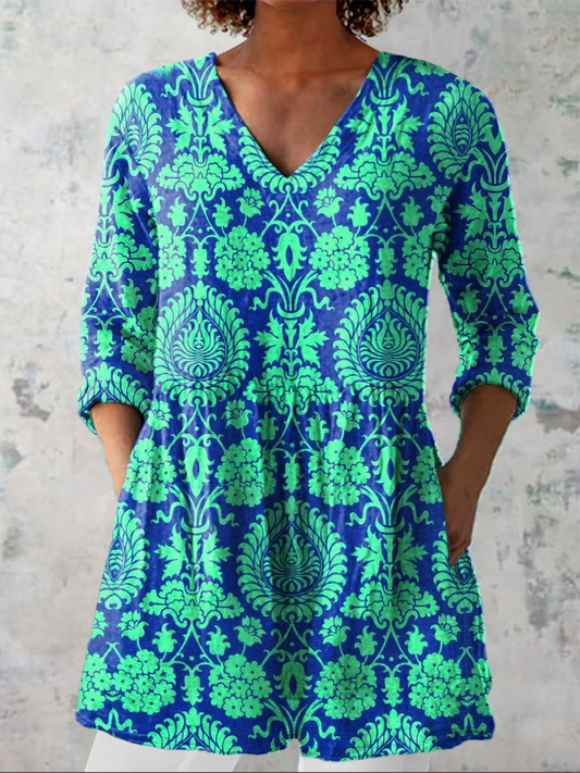 Ivy | Blue & Green Damask V-Neck Tunic Top