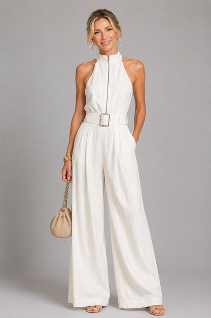Sarah | Ivory Zip-Front Belted Jumpsuit