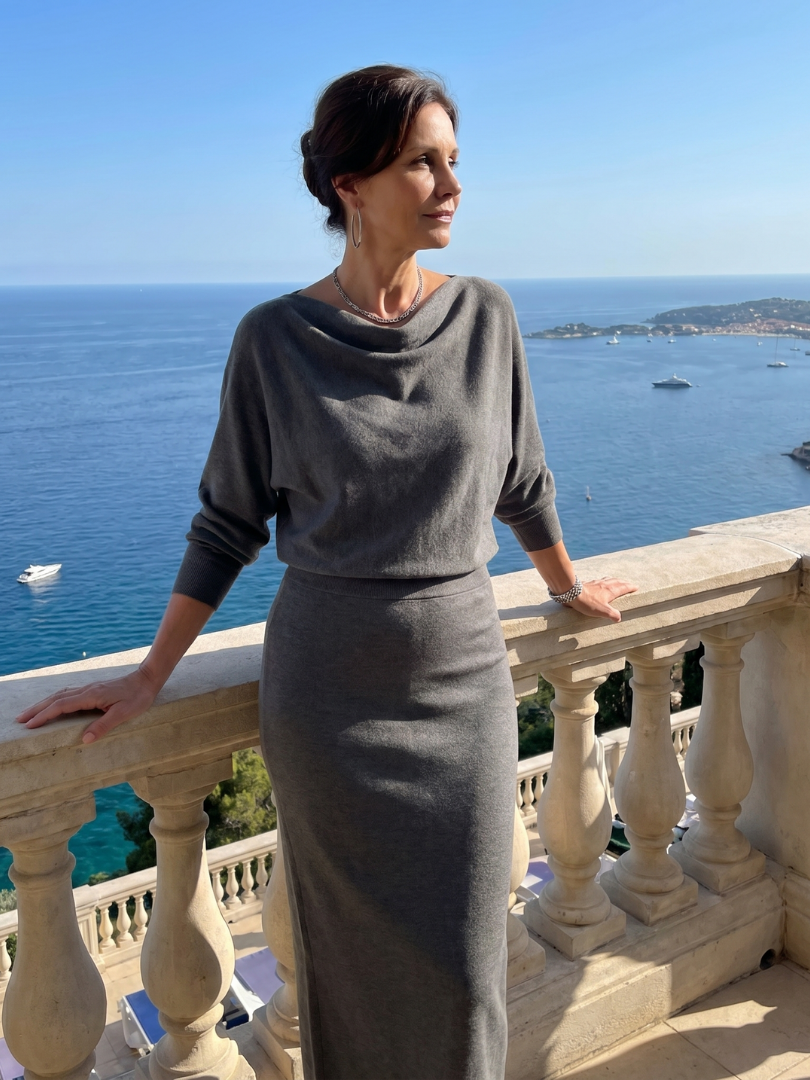 Clare | Grey Cowl-Neck Knitted Dress