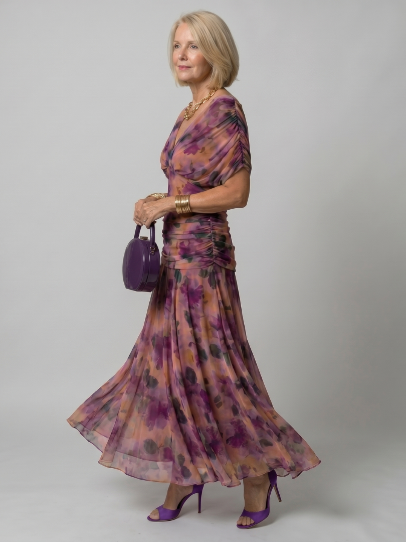 Linda | Violet Floral Print Midi Dress