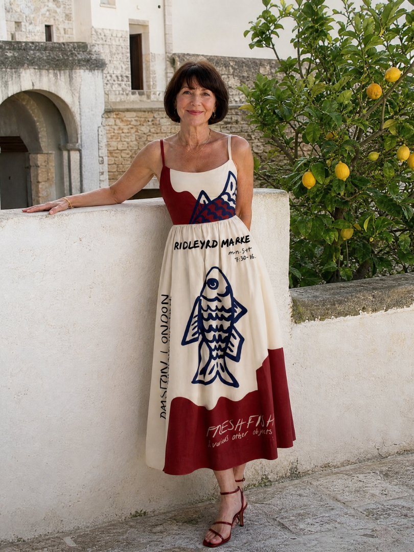 Helen | Graphic Fish Print Midi Dress