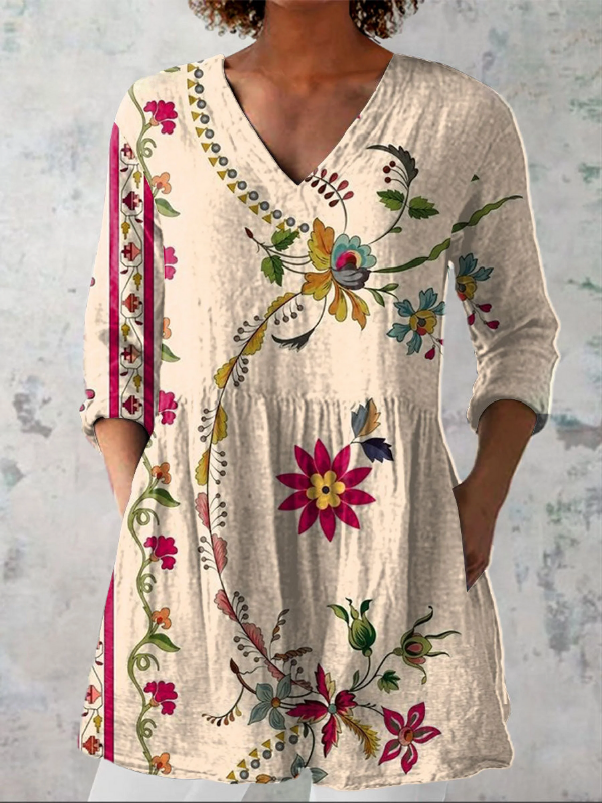 Chloe | Cream Botanical V-Neck Tunic Top