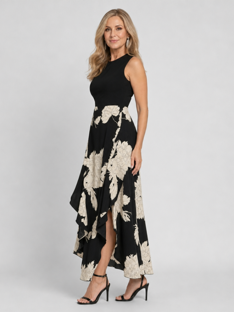 Joanna | Black Floral Print Midi Dress