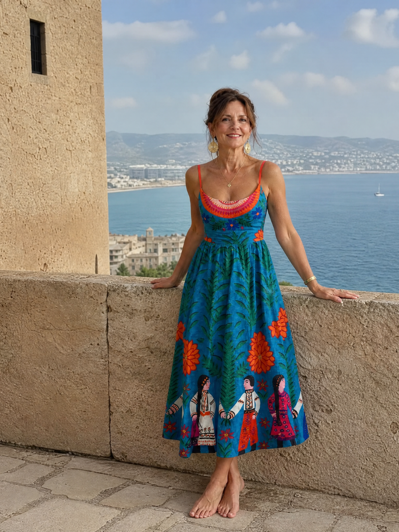 Bridget | Blue Folk Print Midi Dress