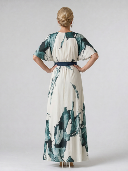 Gillian | Leaf Print Tie-Belt Maxi Dress