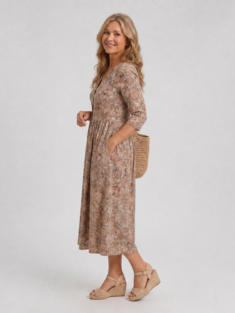 Janet | Beige Ditsy Floral Midi Dress