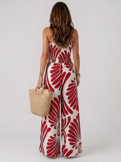 Doris | Red Fan Print Wide-Leg Jumpsuit