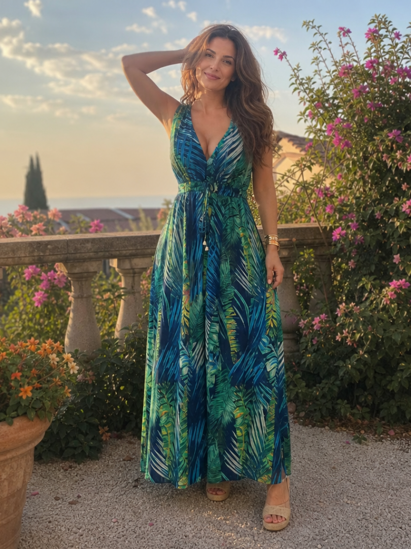 Eleanor | Green Leaf Print Maxi Dress