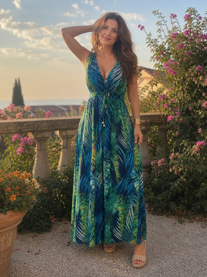 Eleanor | Green Leaf Print Maxi Dress
