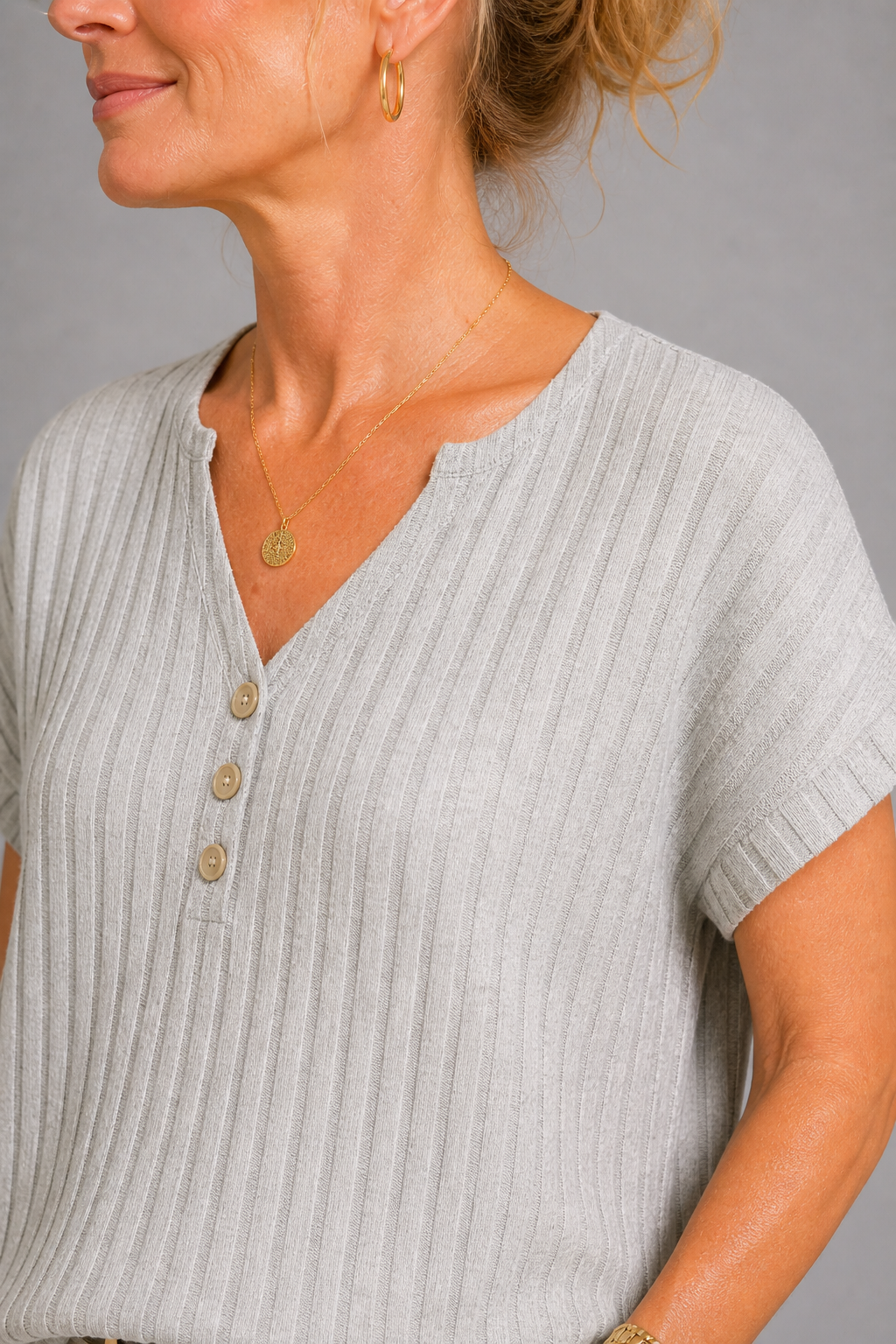 Hannah | Grey Button Knit Top