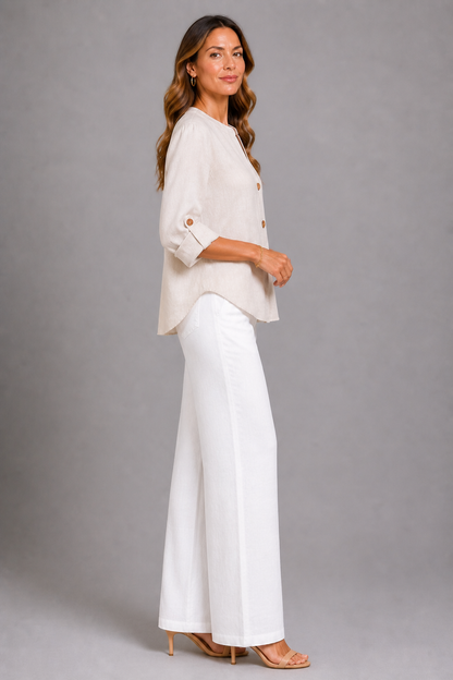 Agnes | Sand Linen-Look Button Shirt