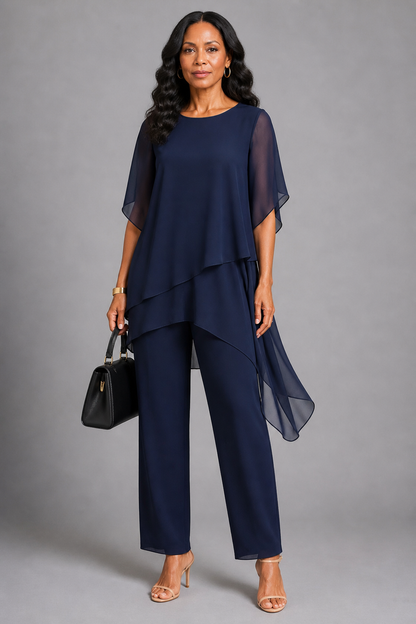 Georgia | Navy Chiffon-Layer Trouser Set