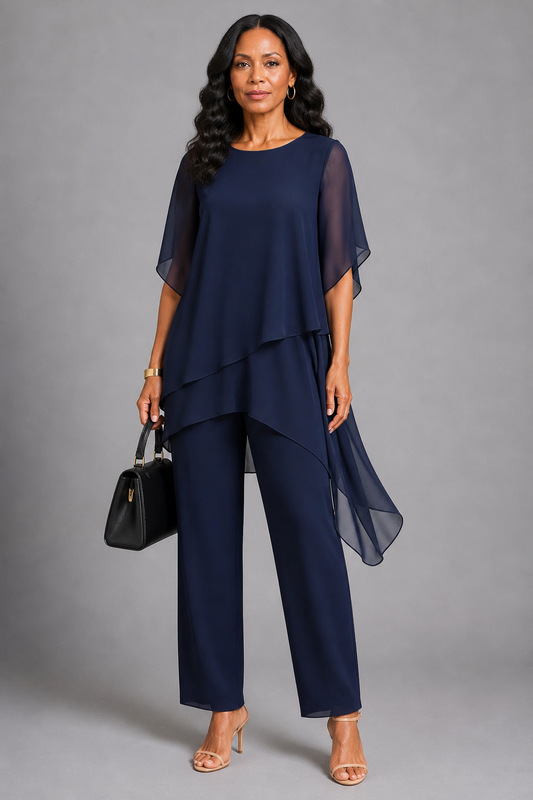 Georgia | Navy Chiffon-Layer Trouser Set