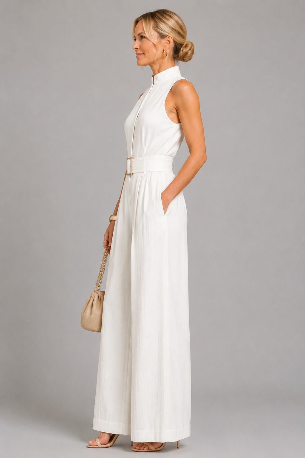 Sarah | Ivory Zip-Front Belted Jumpsuit